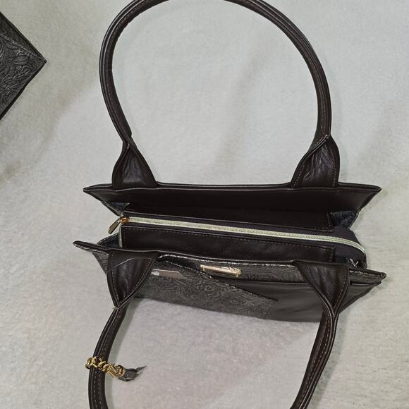 Hand-Tooled Mexican Brown Leather Handbag with Silver Embossed Floral Design - Picture 5 of 5